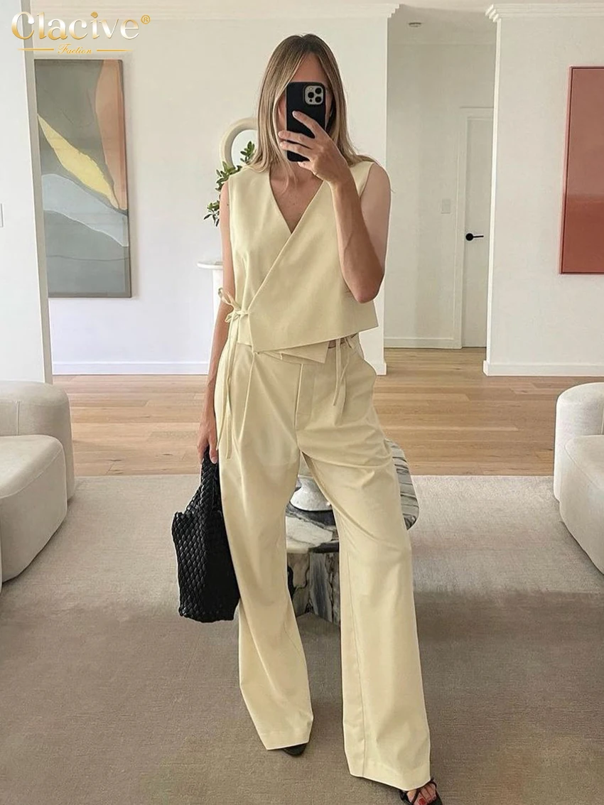 Clacive Summer Loose Yellow Office 2 Piece Sets Women Outfit Fashion Sleevleess Tank Top With High Waist Wide Pants Set Female