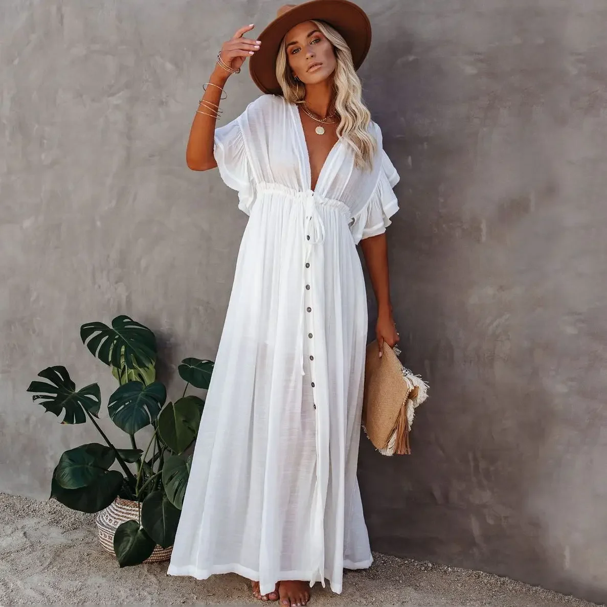 Sexy Bikini Cover-Ups Long White Tunic Casual Summer Beach Dress Elegant Women Clothes Beach Wear Swim Suit Cover Up