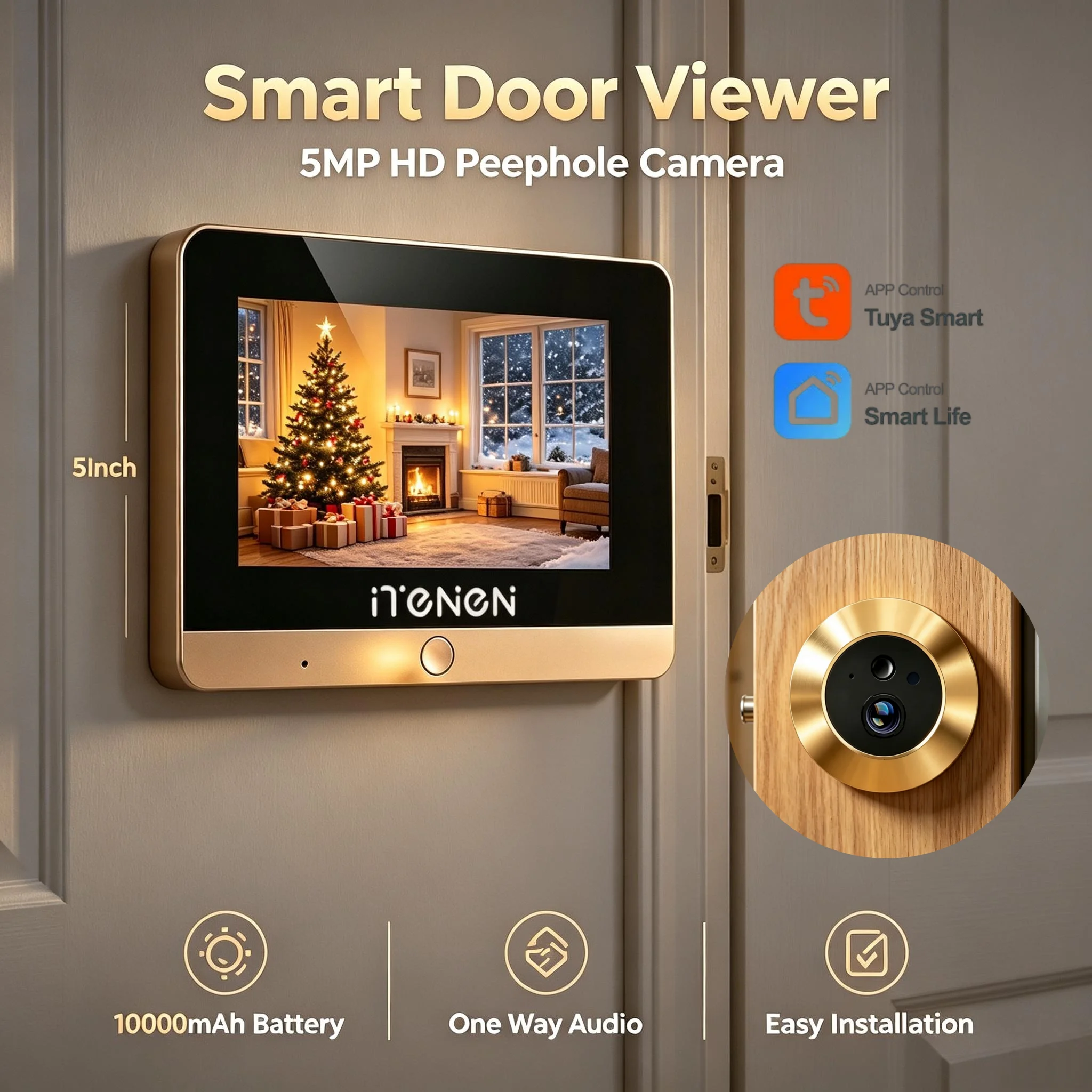Caméra de porte vidéo intelligente pour la maison, intérieur, couleur or, 5MP, judas numérique, audio unidirectionnel, écran LCD 5 pouces, batterie 10000mAh, application Smart Life & Tuya Smart