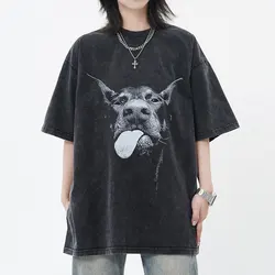 Maglietta lavata da uomo maglietta oversize Streetwear Hip Hop Doberman Dog Graphic T-Shirt Vintage in cotone invecchiato a maniche corte