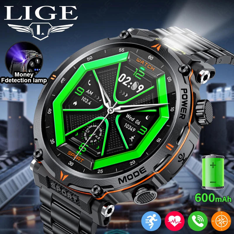 

LIGE 2025 Military Smartwatch Men IP68 Bluetooth Call Outdoor Sports Fitness Track 600Mah LED Light Smartwatch For Android IOS