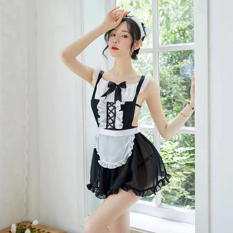 

Women French Maid Costume Sexy Apron Dress Night Club Party Lady Girl Hotel Waiter Cosplay Pinafore Household Kitchen Bib Black