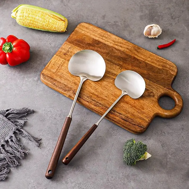 1PC Stainless Steel Spatula Walnut Wood Long Handled Mushroom Spatula Vegetable Spatula Kitchen Stir Fry Spoon