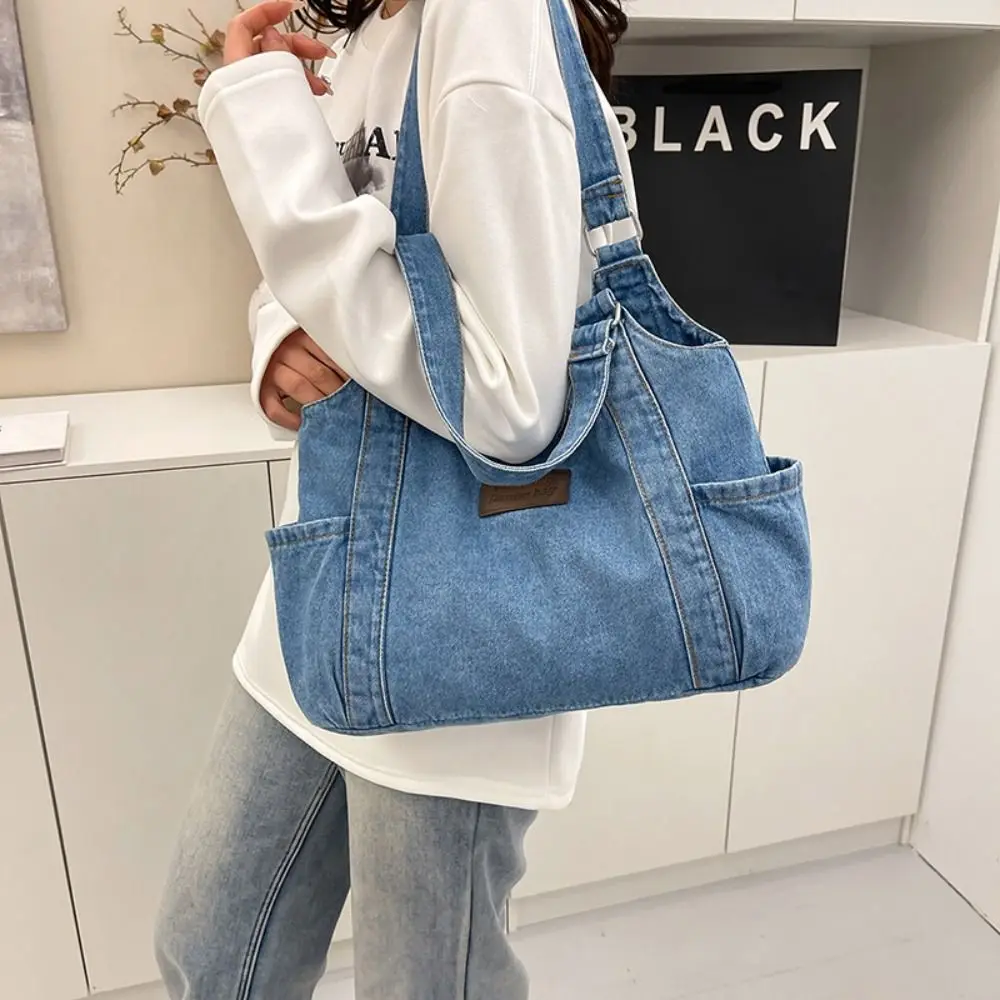 

Fashion Korean Style Denim Shoulder Bag Retro Solid Color Underarm Packs Simple Large Capacity Canvas Tote Bag Office Worker