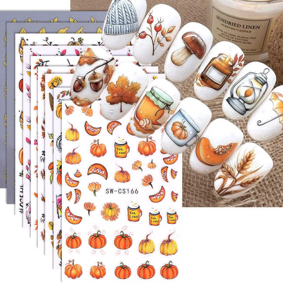 9pcs Halloween Pumpkin Nail Stickers Maple Leaf Self-Adhesive Decal Slider Nail Supplies Thanksgiving Autumn Manicure Decoration