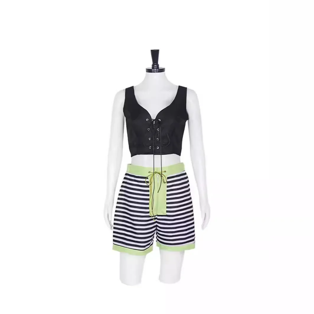 Movie Leon Professional Cosplay Costume Mathilda Role Play UniformTops Green Coat Striped Shorts  Halloween Carnival Party Suit