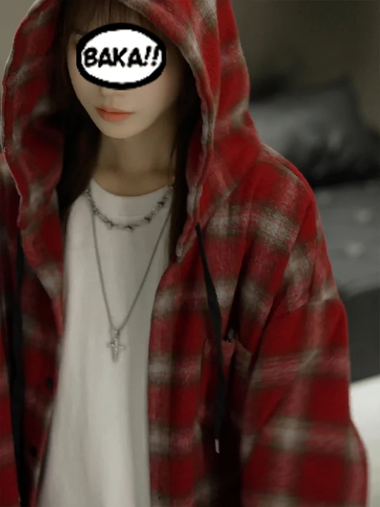 

Cleanfit Irt Jaet с капюшоном, мужская и женская красная клетчатая толстовка, нейтральный ленивый американский открытый кардиган, длинный кардиган с подставкой...