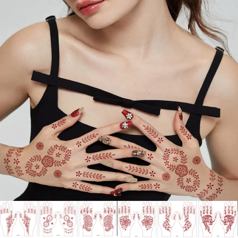 

1 Pair Back Of Hand Tattoo Stickers Brown Henna Lace Tattoo Decals Adhesive Indian Hanna Art Tattoo Decorations Body Art Tattoos