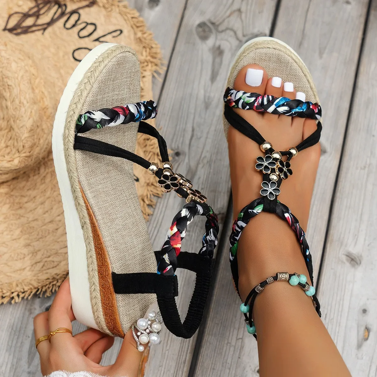 

2025 New Women Summer Sandals Wedge Thick Sole Open Toe Hollow Sandals Strap Beach Comfortable Designer Shoes Zapatos De Mujer