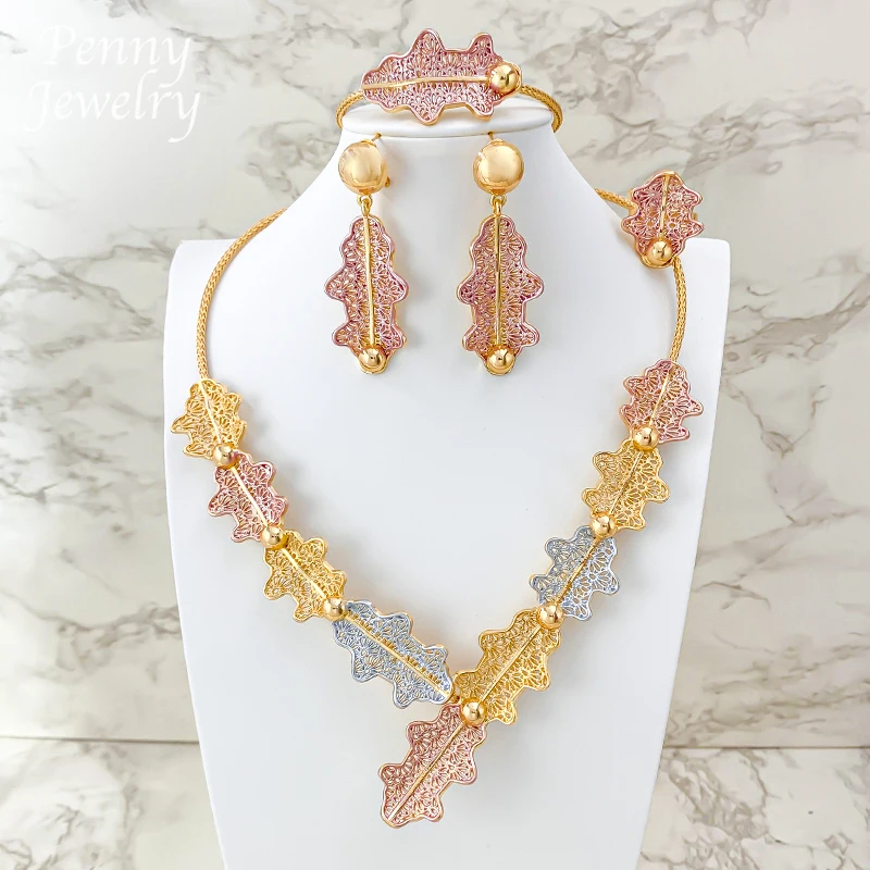 Buntes Blattförmiges Choker-Set Dubai 18K Vergoldeter Schmuck Halskette Ohrringe Armband Ring Afrikanisches Braut-Hochzeitsgeschenk
