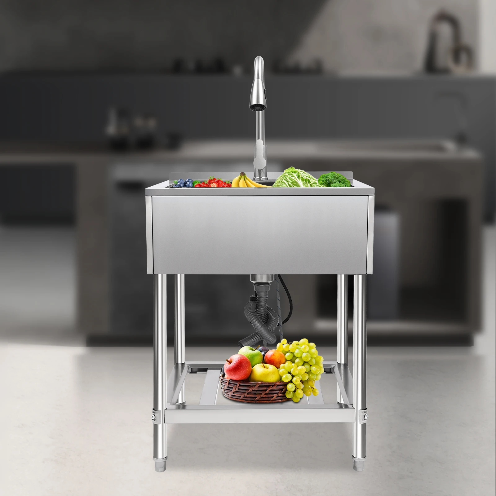 

25x22 Inch Stainless Steel Commercial Sink, 6mm Thick with Faucet & Stand, 220lbs Capacity for Kitchen/Laundry (Silver)