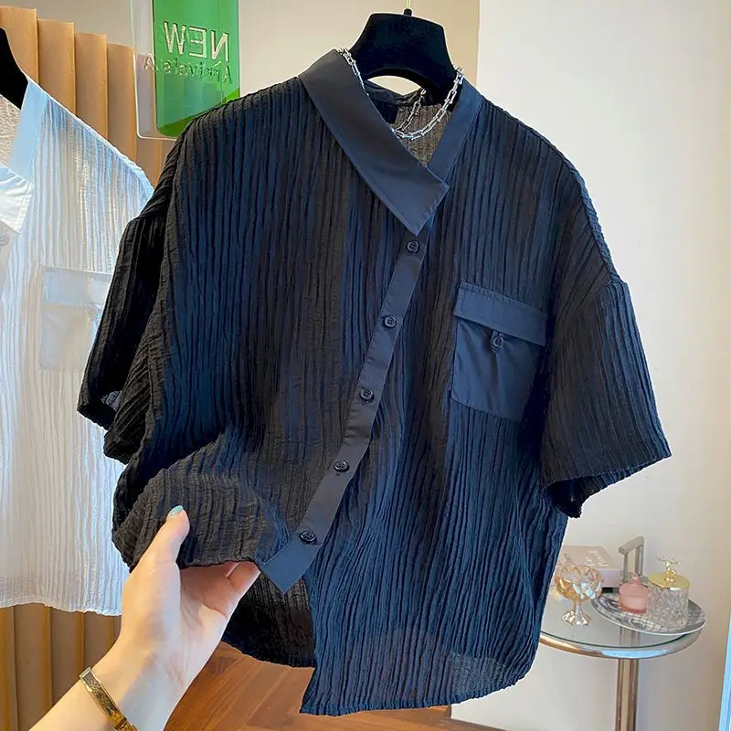 Fashion Design Shirts Women Niche Irregular Placket Pleated Texture Sense Shirt Casual Loose Short Sleeve Blouse Summer Trend