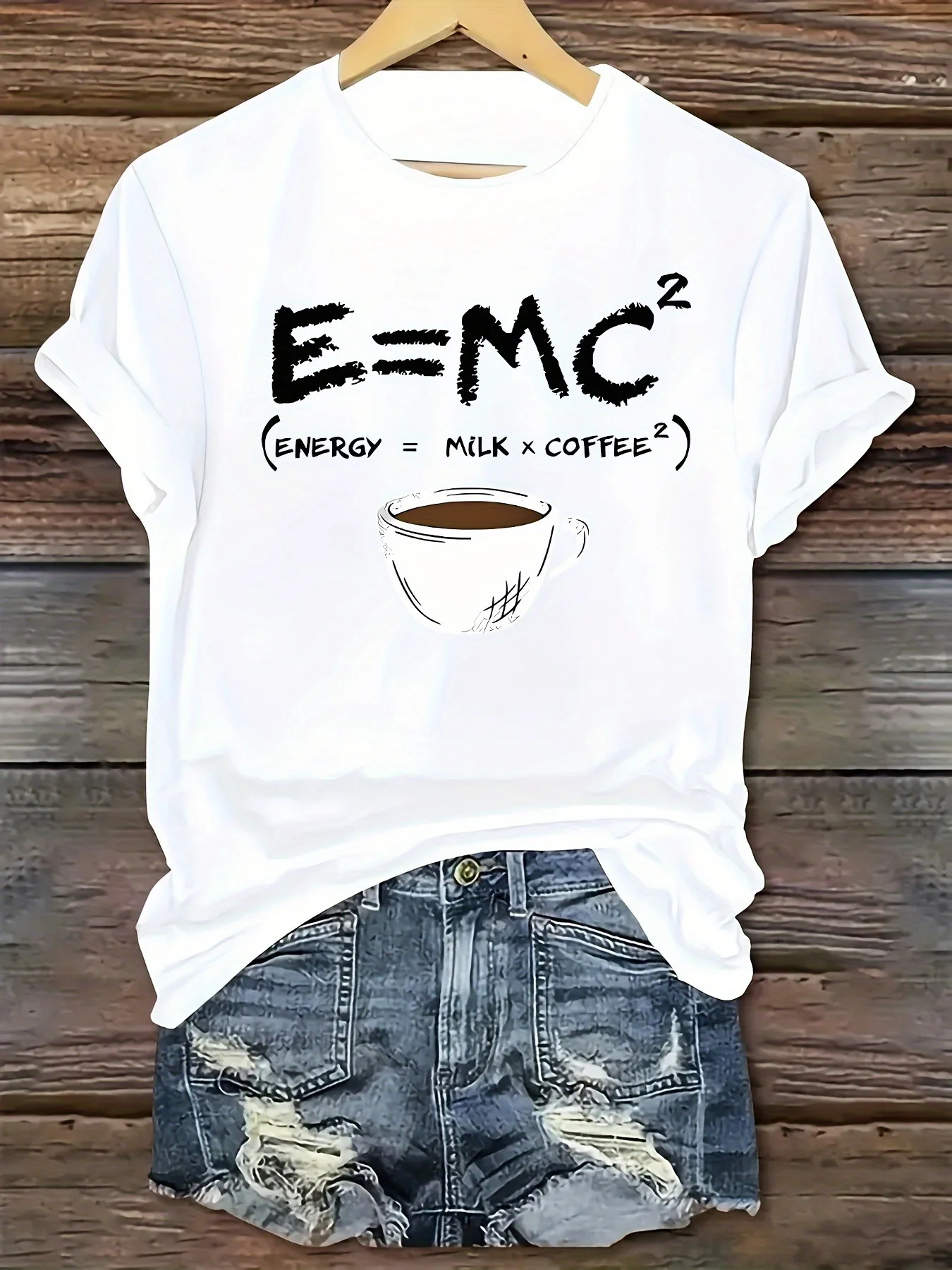 Rundhals-Kurzarm-T-Shirt für Damen, maschinenwaschbar, weiß, lässig, Kaffee- und Buchstabendruck – weiche Polyestermischung