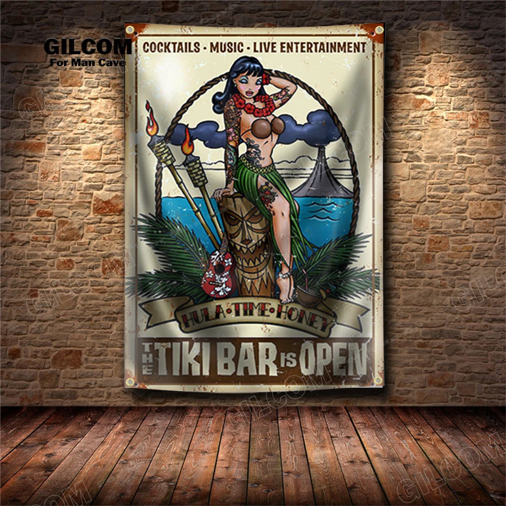 TIKI BAR Cocktails Banner Flag  Captain Bar Cold Beer Drinks Poster Art AD Vintage Sign Party  Car Man Cave Garage Pub Club Bar