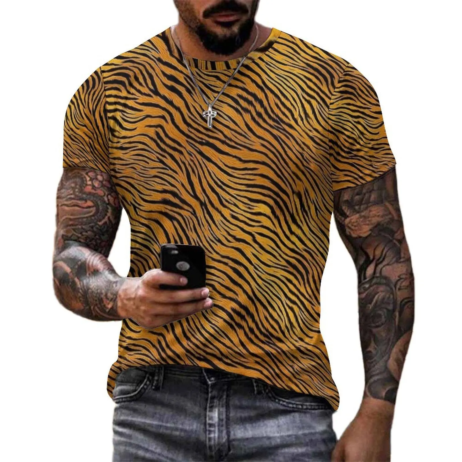 Retro Tiger Fur Texture Print T-Shirt Vintage T Shirts Man Y2K Fun Tee Shirt Original Short Sleeve Graphic Tees Plus Size 5XL