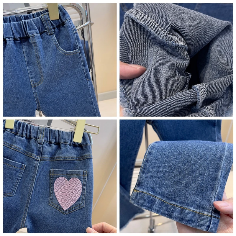 Kids Jeans for Girls 2-7Y Personality Fashion Pencil Trousers with Heart Pattern Elastic Waist Outing Casual Jeans