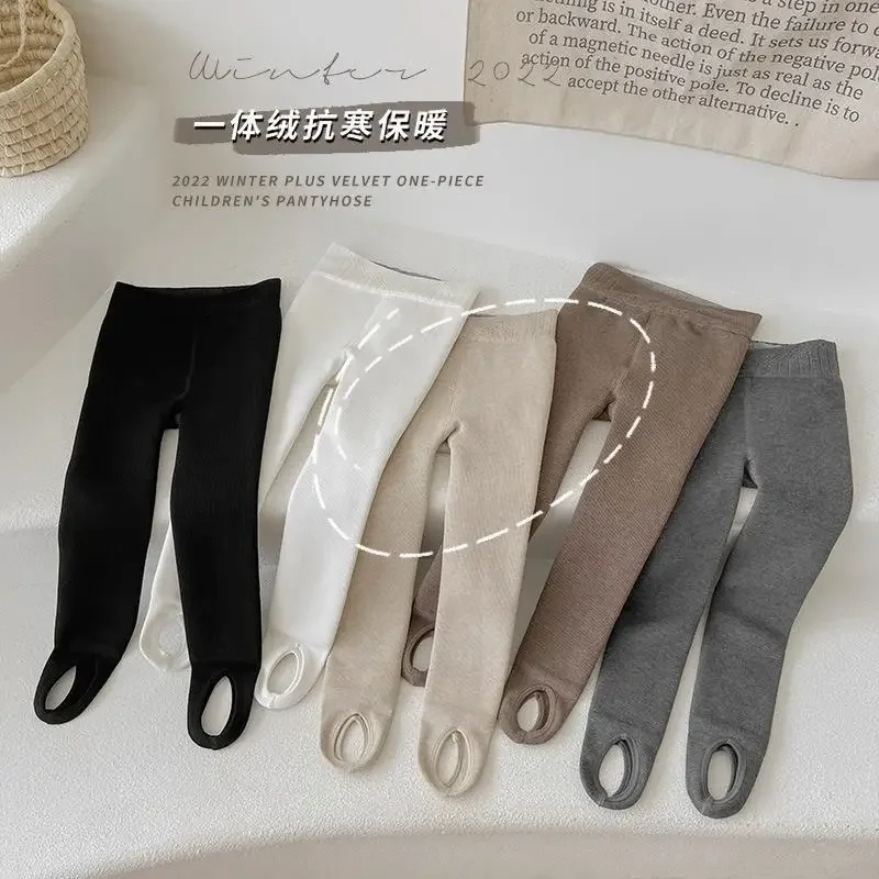 Kids Pants Solid Girls Tights Fur Lining Pantyhose Girl Skinny Leggings Solid Color Warm Plus Velvet Stepping Foot Pantyhose