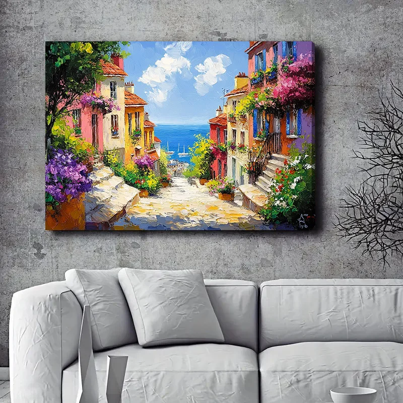 Coastal Town Tapestry, Colorful Houses on Hillside with Blue Sea, Mediterranean Landscape Wall Art for Living Room Bedroom Decor