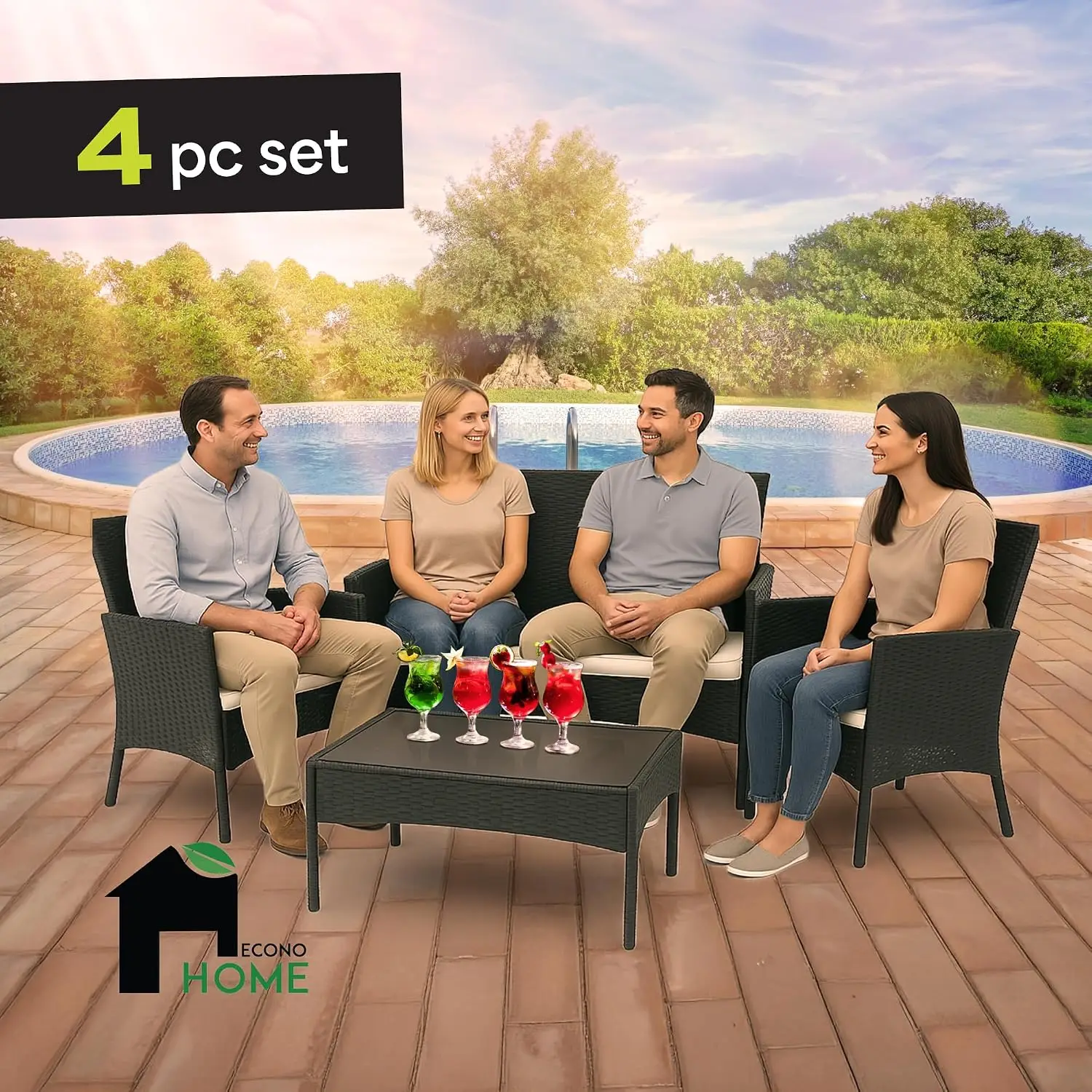 4 Piece Outdoor Patio Furniture Set Patio Two Rattan Chairs One Loveseat Glass Top Coffee Table Weather Proof Wicker Cushions Co