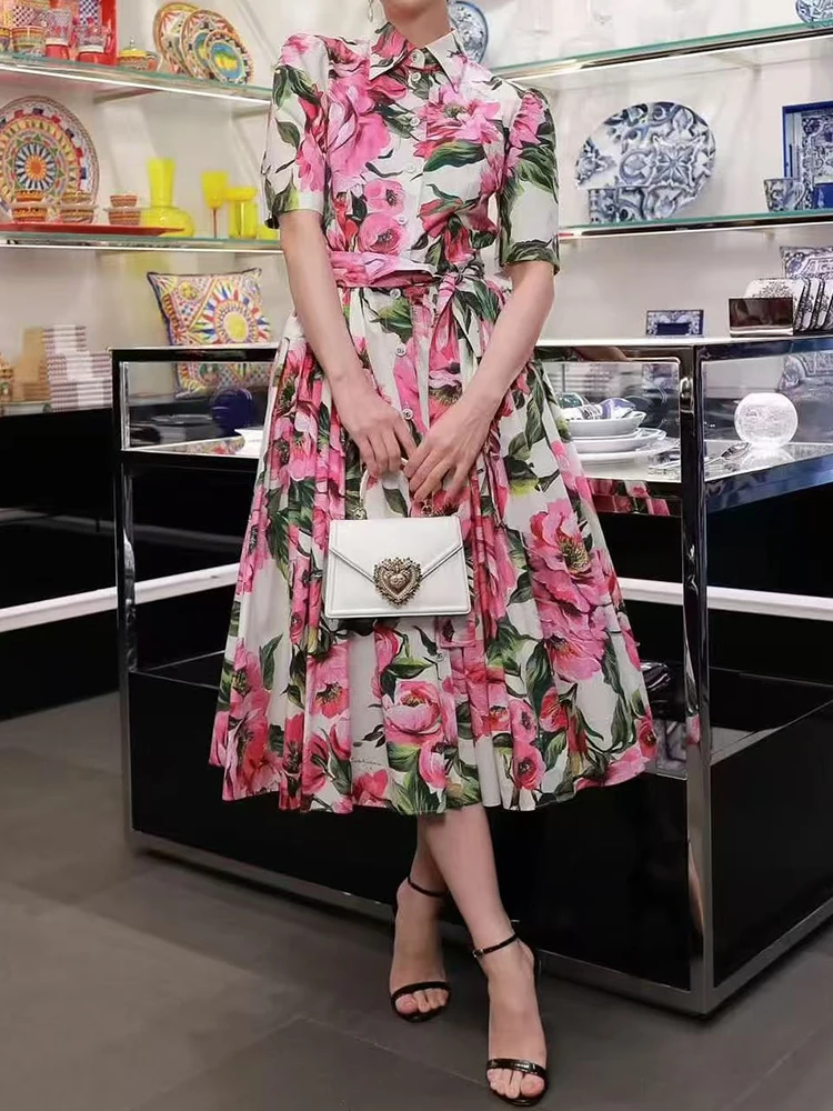 Retro-Print Revers-Kleid mit Einreiher und schmaler Taille, Sommer 2026, Damen-Hemdkleid, modischer lockerer Oversize-Puffrock