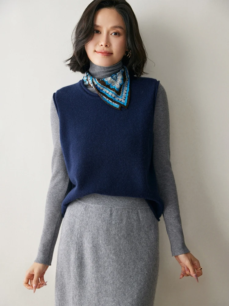 

Women's Sweater Cashmere Vest O-neck Curled Hem Loose Pullover Autumn Winter Sleeveless 100% Cashmere Knitwear Simple Waistcoat