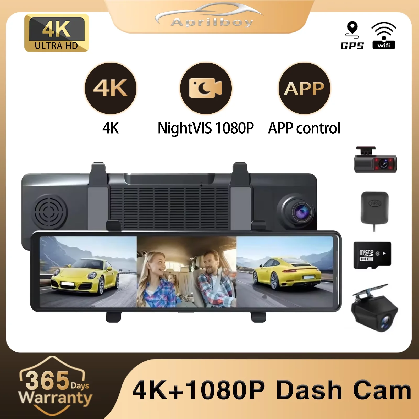 

Aprilboy B19 4K 12-дюймовое зеркало Dash Cam, цифровое внутреннее зеркало с GPS, Wi-Fi, петля ночного видения, запись потоковой передачи мультимедиа