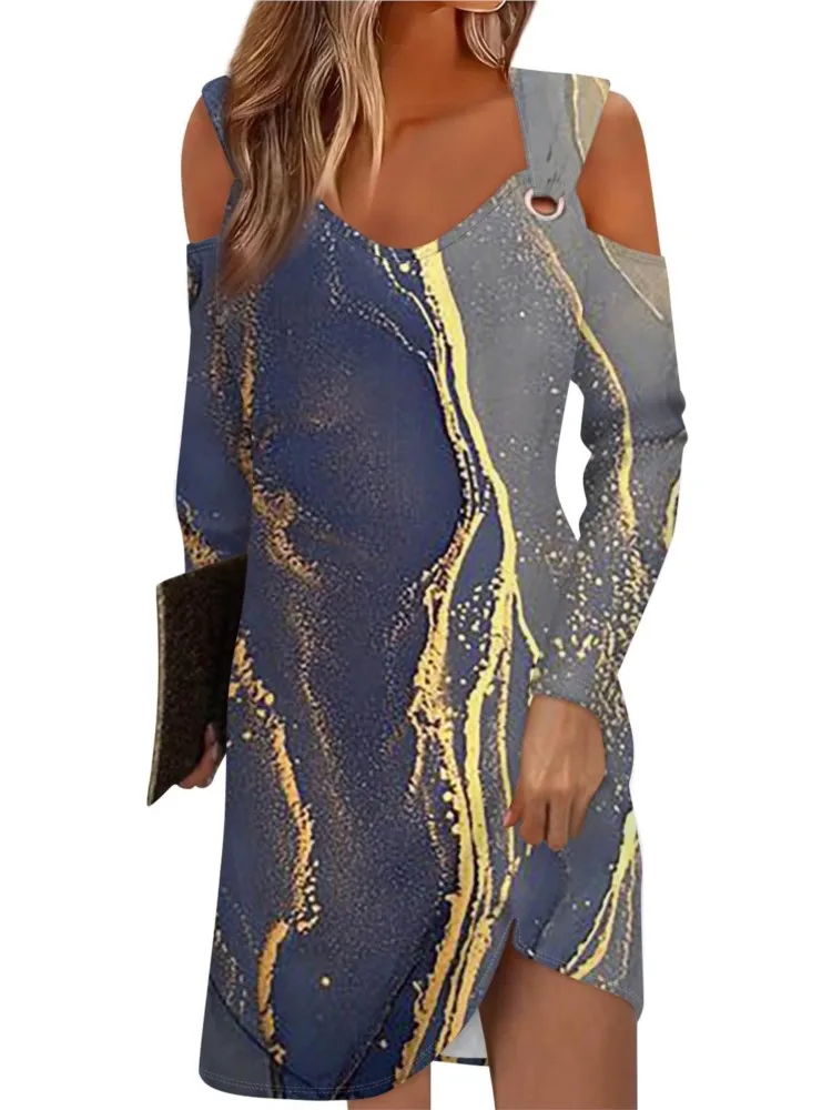 

Dresses 2024 Women Fashion Long Sleeve Casual Sexy Skinny Off Shoulder Hollow Out Vestidos New Printing Mini Dress For Female's