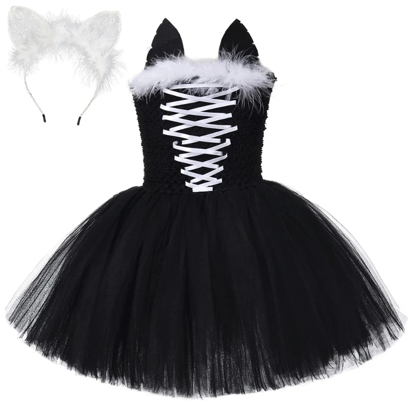 Little Girls' Black Cat Pattern Dresses, Toddler Performance Outfits, Kids' Birthday Party Clothes, Carnival & Halloween Dress