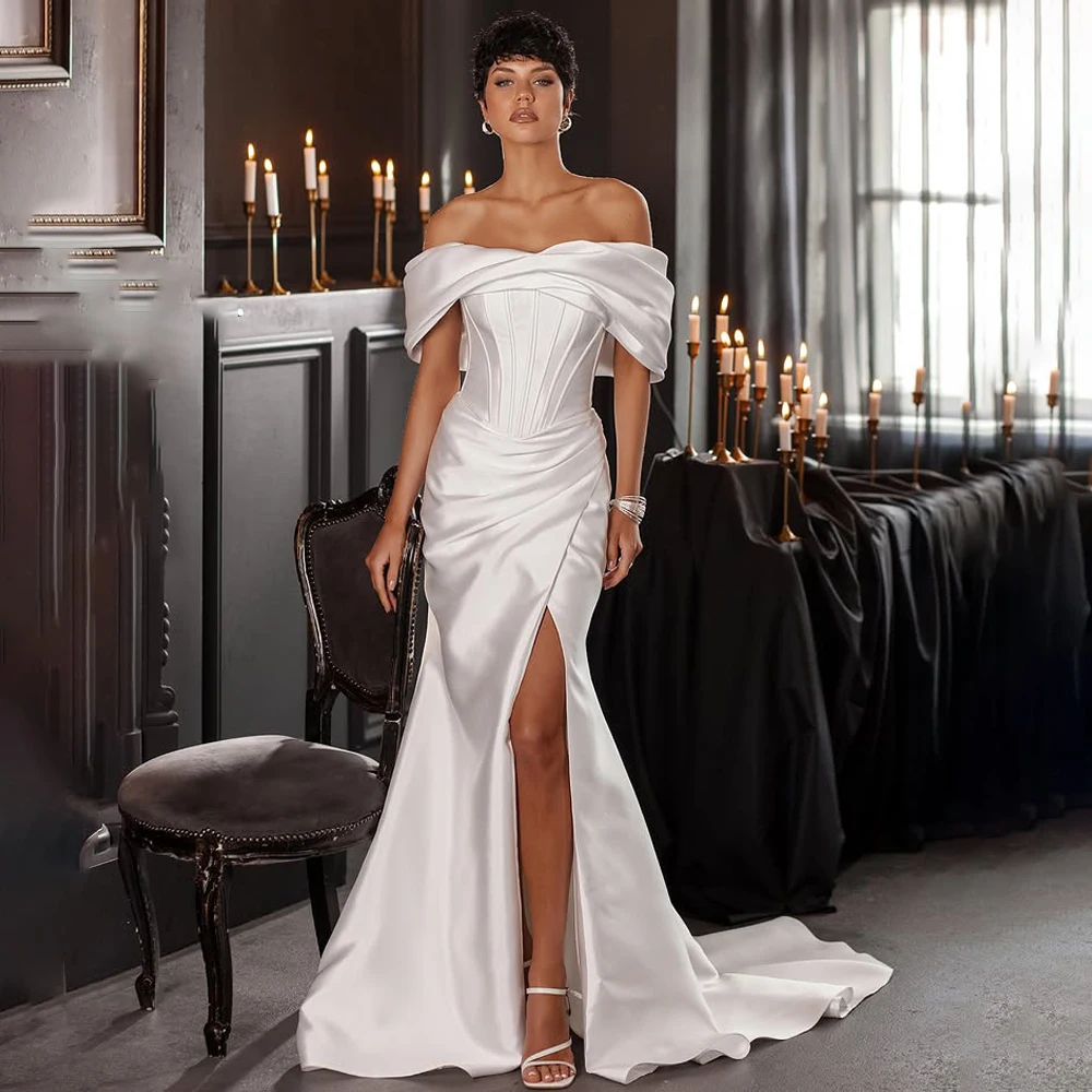 

Satin Sheath Wedding Dresses Sleeveless Off The Shoulder Bridal Dress Floor Length Party Gown Customized Corset robes de soirée