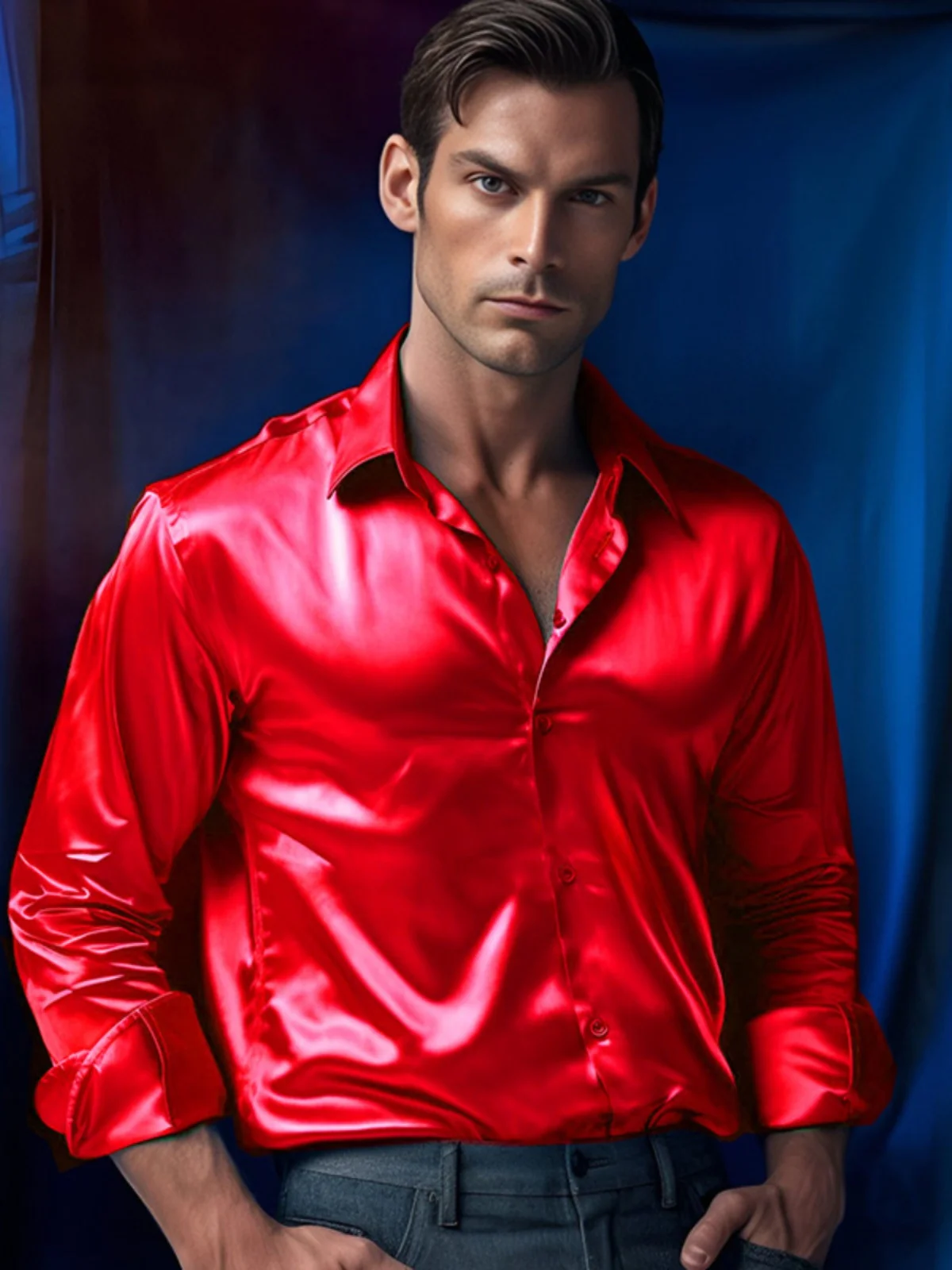 

Men's Satin Long Sve irt Luminous Performance Clubwear Loose Fit Spring Ice Sensation Collar Color