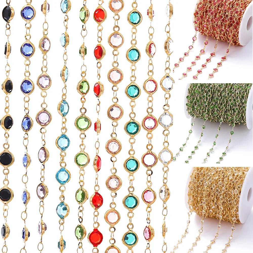 1Meter/roll 6mm Colorful Crystal Beads Beaded Chain Glass Bead KC Gold Necklace Chain Accessories for DIY Jewelry Making Crafts