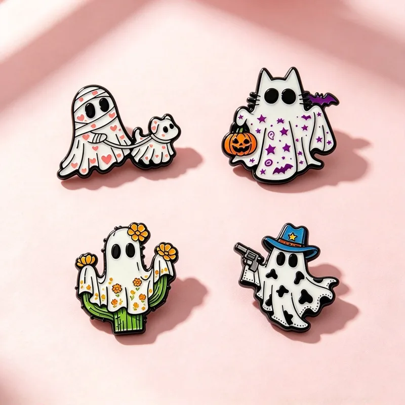 Cute Cartoon Halloween Ghost Metal Badge Creative Funny Cat Dog Cactus Alloy Brooch Small Holiday Party Favor Gift