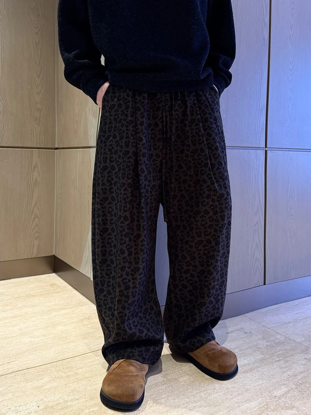 

American Retro Leopard Print Lazy Sle Loose Wide Leg Casual Pants Men's Bent Knife ape Straight Tube Long Trousers