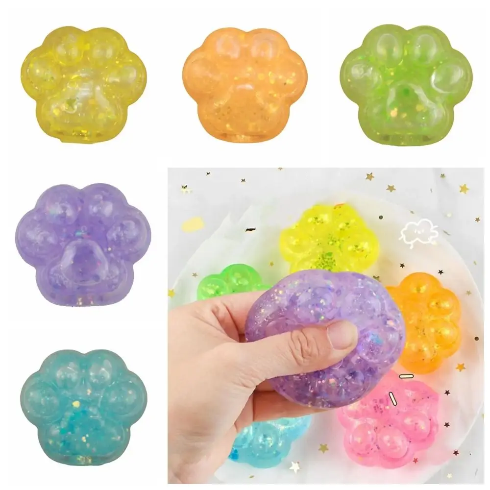 Quick Recovery TPR Cat Paw Slow Rebound Toy Cat Paw Colorful Squeeze Cat Paw Ball Soft Sequins Cat Claw Pinch Toy Adults