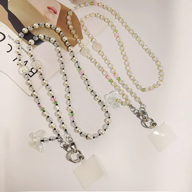 Long Crossbody Lanyard Mobile Phone Hanging Rope Butterfly Manual Beading Universal Hanging Decoration Phone Case AntiLoss Strap