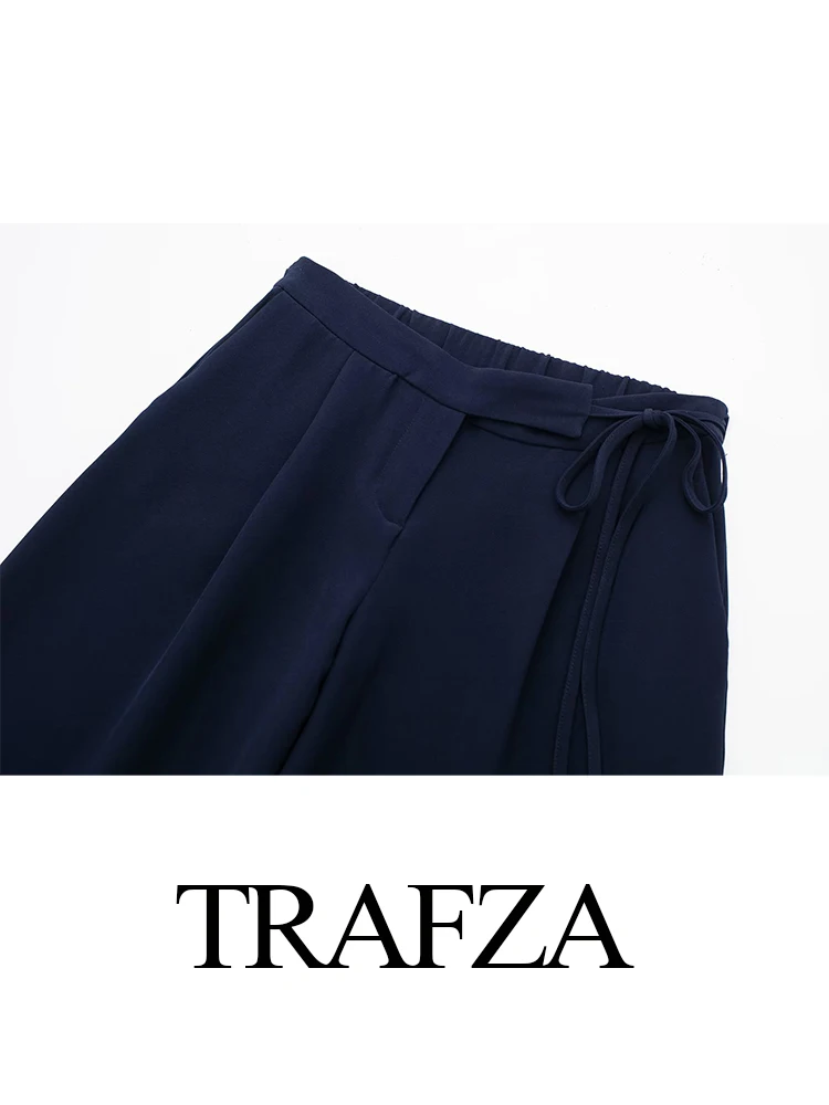 TRAFZA Female Spring Suit Solid Turn-Down Collar Long Sleeves Single Breasted Jacket+Mid-Waist Lace-Up Pocket Zipper Long Pants