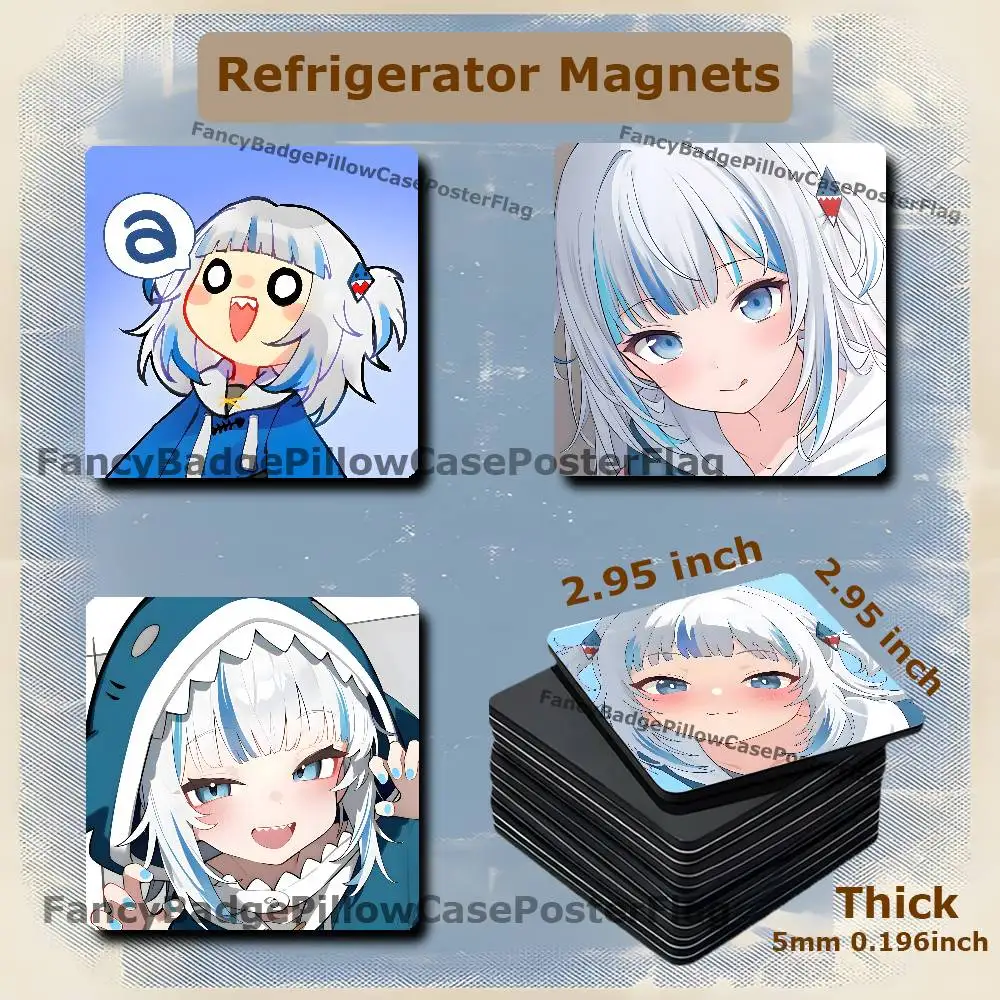 G-Gawr Gura Shark Memes 75mm Frigerator Magnet Square Stickers Personalize Fridge Refrigerator Wall Door Decoration