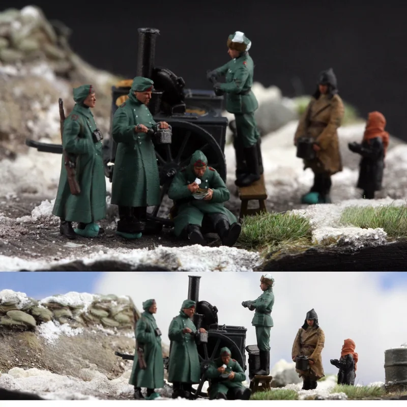 1:72 Scale Model Resin Painted Field Kitchen 3 Soldiers With 1 Cook Dining Cart Soldiers Toys DIY Scene Accessory Fans