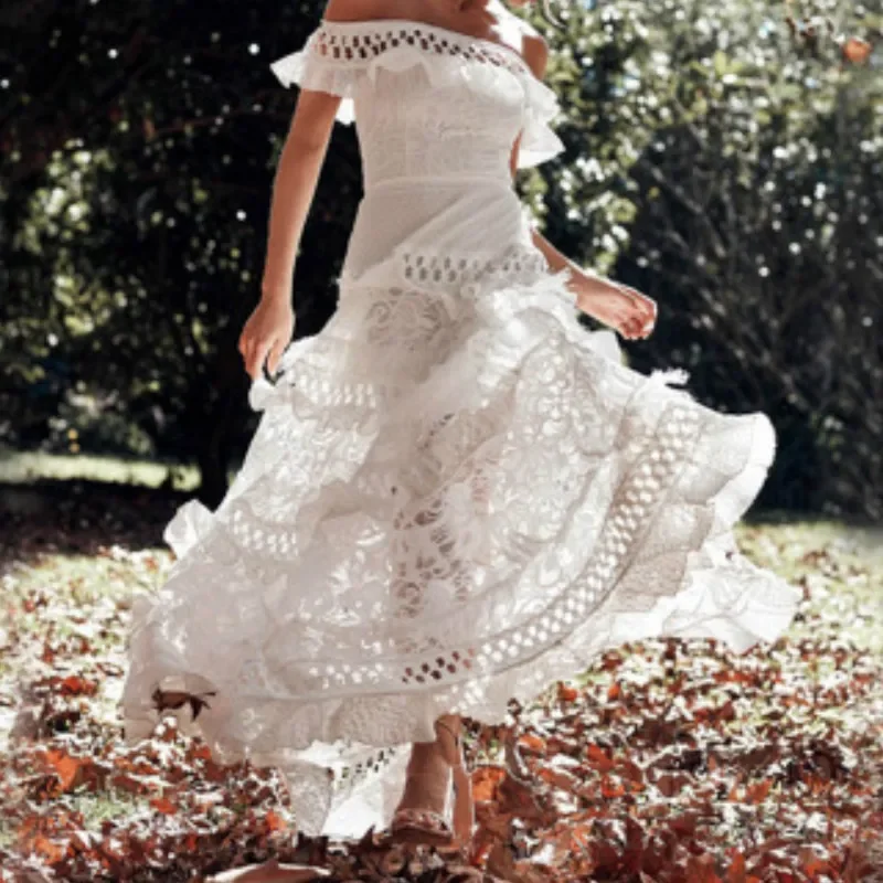 Vintage Elegant Women's Long Dress White Lace Dress Off Shoulder Lotus Leaf Hollow Summer Retro Party Big Loose Swing Dresses