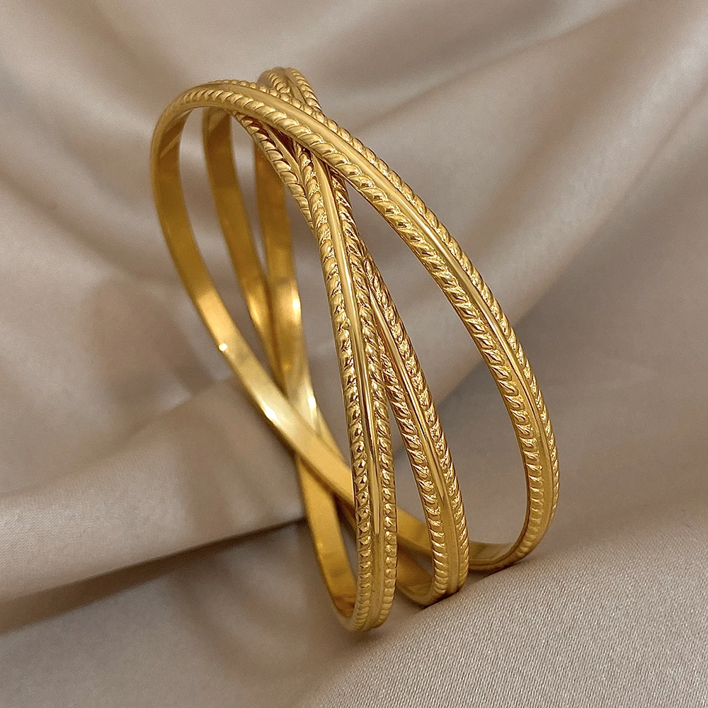 

3pcs/set Gold Color Wheat Ear Bracelet Stainless Steel Bangle for Women Cuff Wristband Stackable Waterproof Jewelry Gifts
