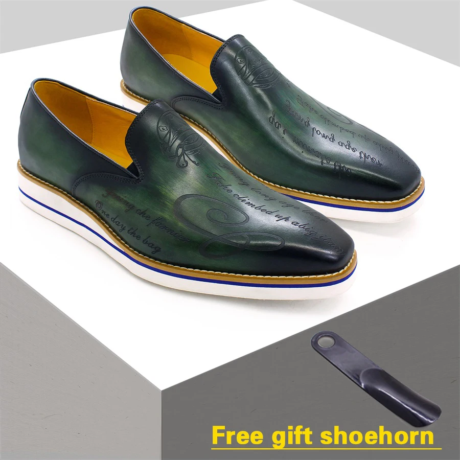 Fashion Men's Casual Shoes Genuine Leather Handmade Green Comfortable Flat Loafers Laser Pattern Men's Banquet Leather Shoes