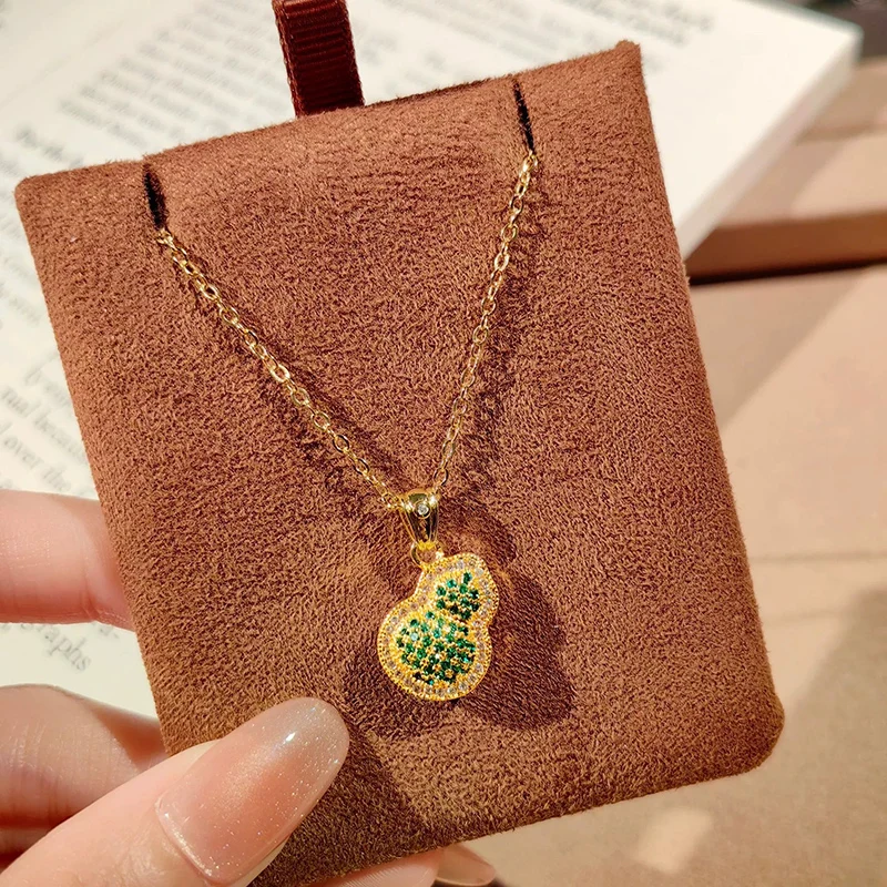 Gold-plated Full Zircon Green Gourd Necklace for Women New Chinese Retro Lucky Gourd Collarbone Chain Fashion Gift KOFSAC