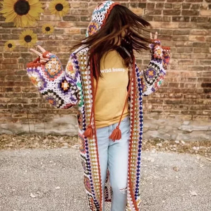 TEELYNN Handmade długie dzianiny rozpinany sweter Hippie Boho moherowy płaszcz etniczne hafty Chic Oversize płaszcze z kapturem jesień zima