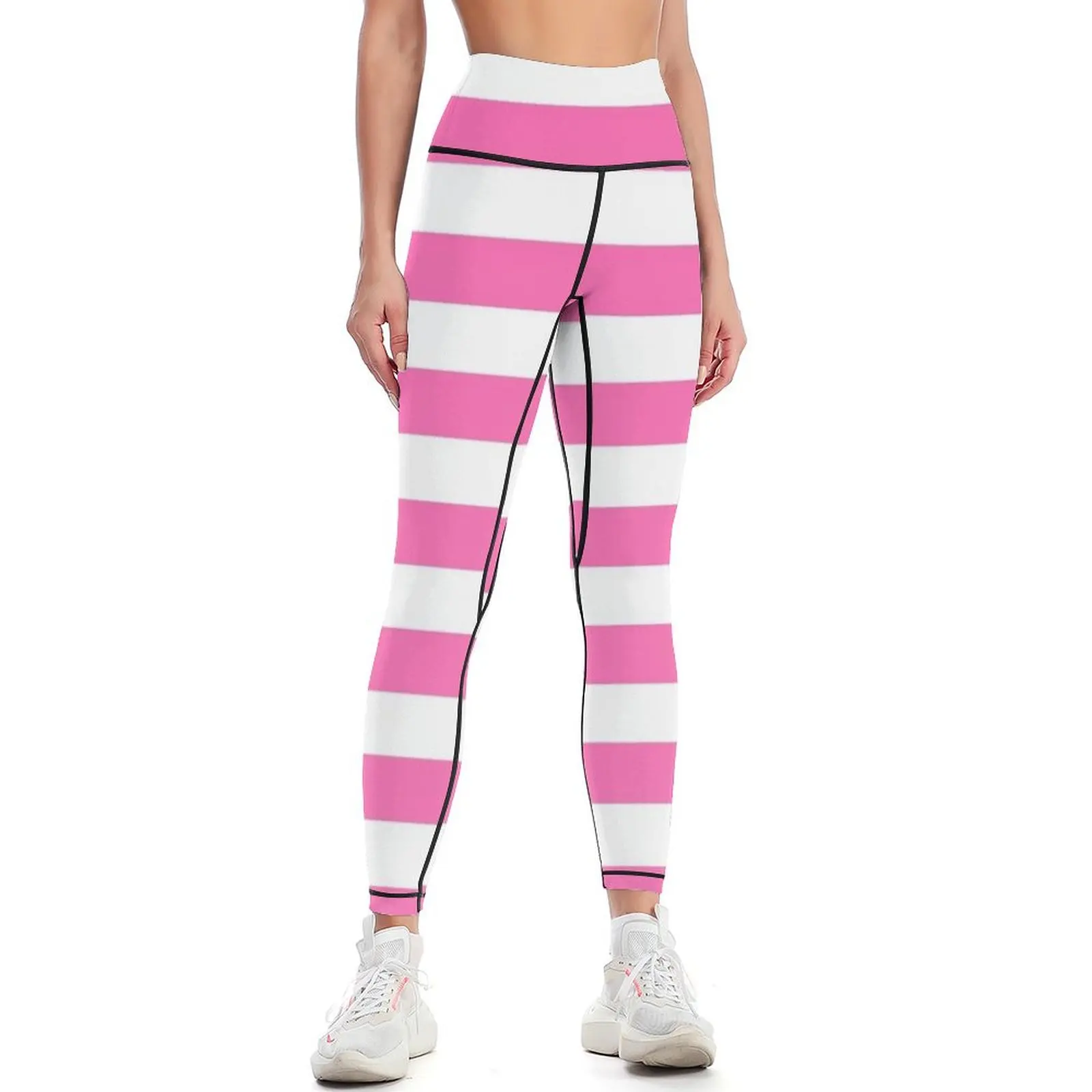 Hot Pink and White Horizontal Stripes Leggings sport legging jogging pants fitness set gym Womens Leggings