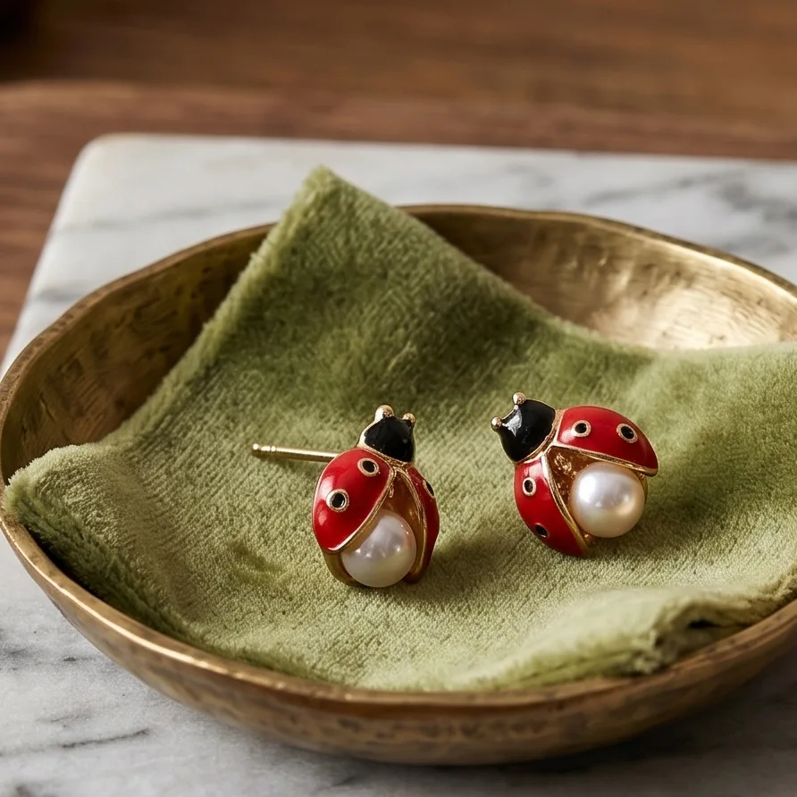Cross border ladybug pearl studded diamond earrings, fashionable, exaggerated, personalized, exquisite and elegant earrings