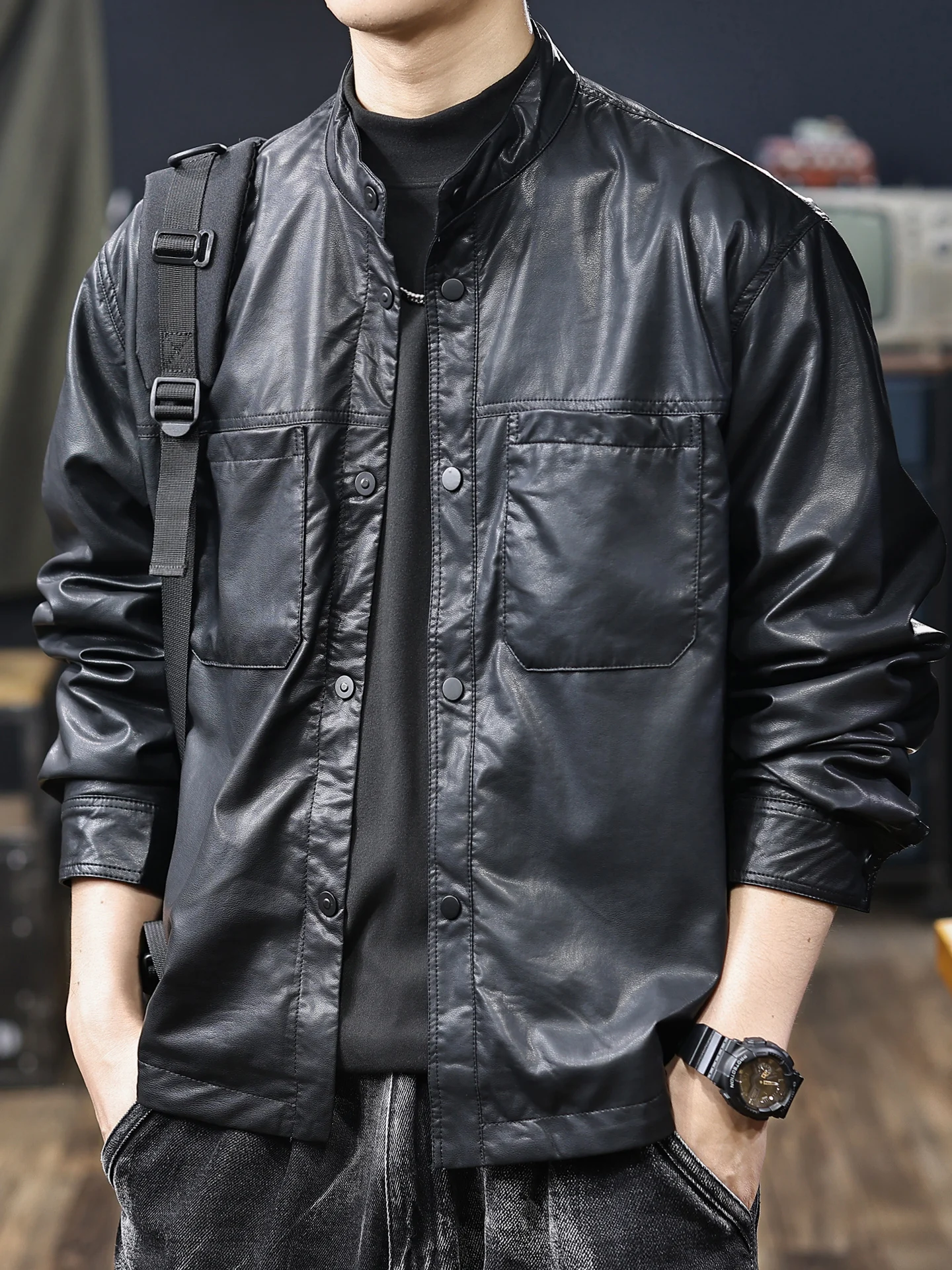 

American Retro PU Leather Jaet irt Outerwear Men's Autumn New Sle High Sensation Cool Workwear Jaet Trendy Loose Fit