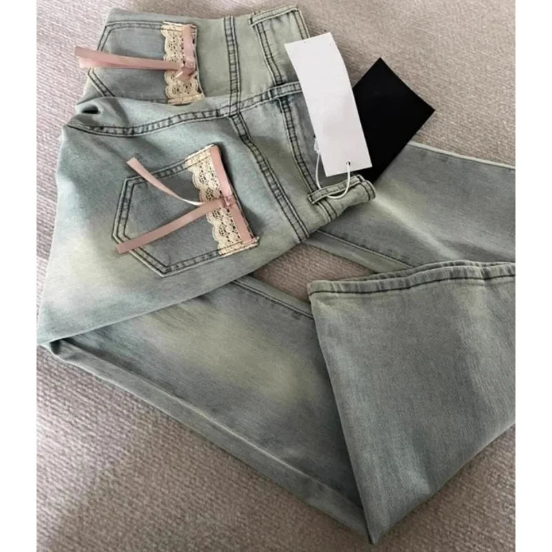 

Женские американские винтажные синие джинсы с бантом, кружевные милые джинсовые брюки с высокой талией, узкие брюки в консервативном стиле, брюки Harajuku Y2K