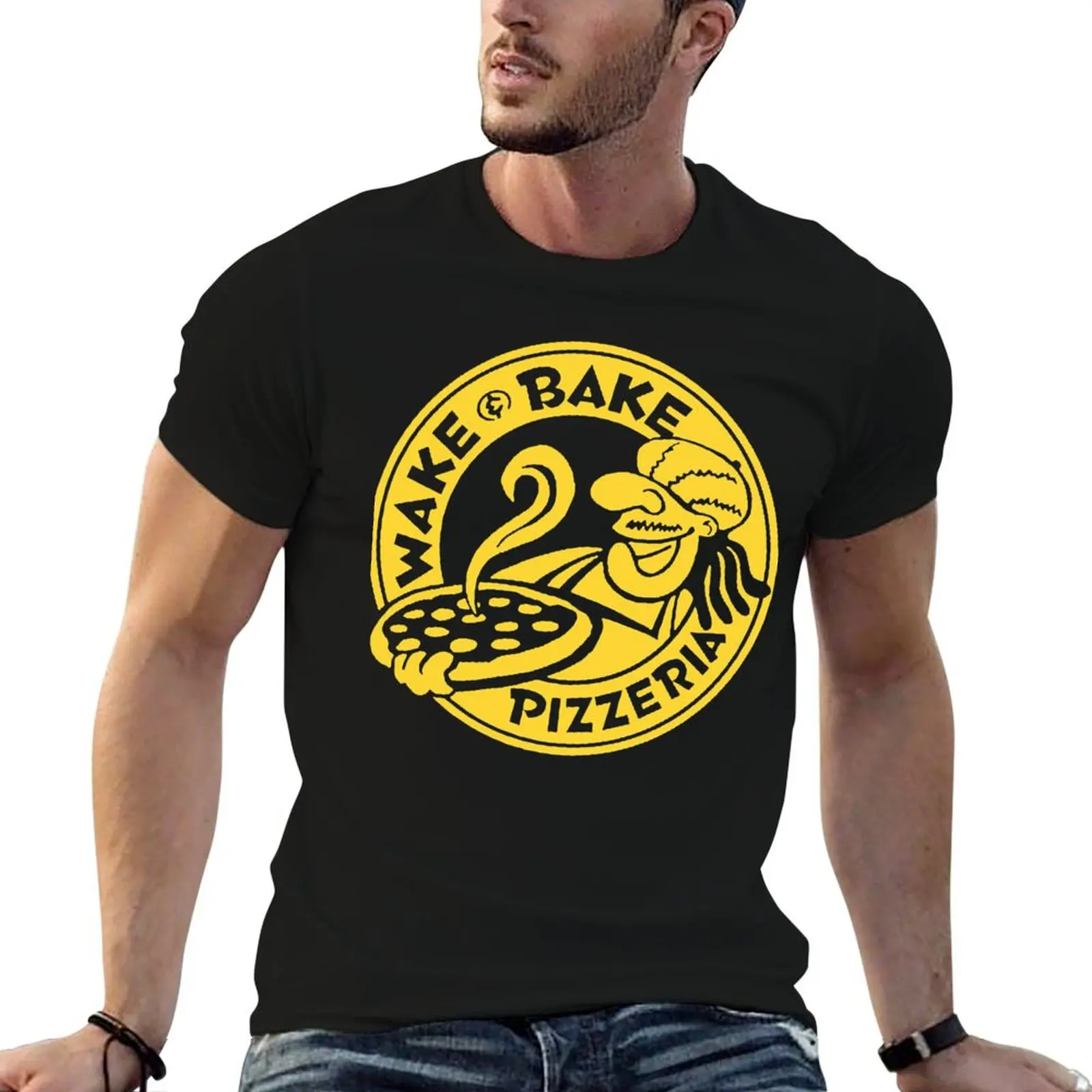 Camiseta Wake & Bake Pizzaria, camisetas engraçadas para homens, camisetas de anime, camiseta masculina de algodão, camiseta oversize
