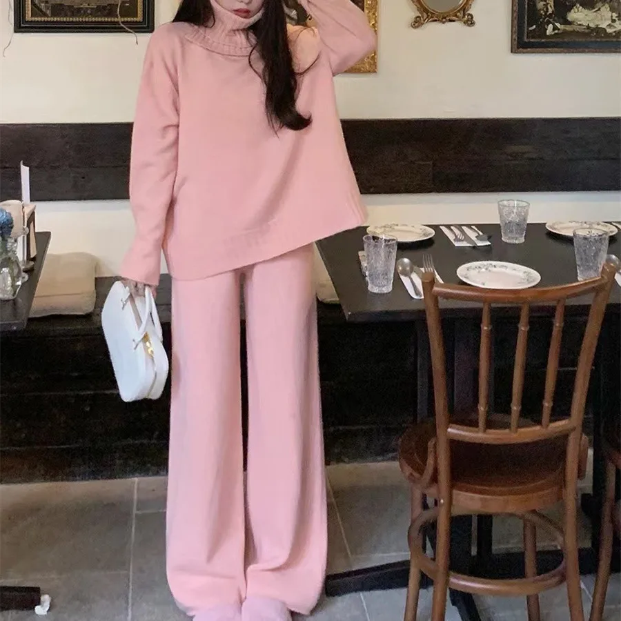 Autumn Winter for Women Solid Loose Knitting Sweater Wide Leg Pants Casual New Elegant 2-piece Sets for Women E11076