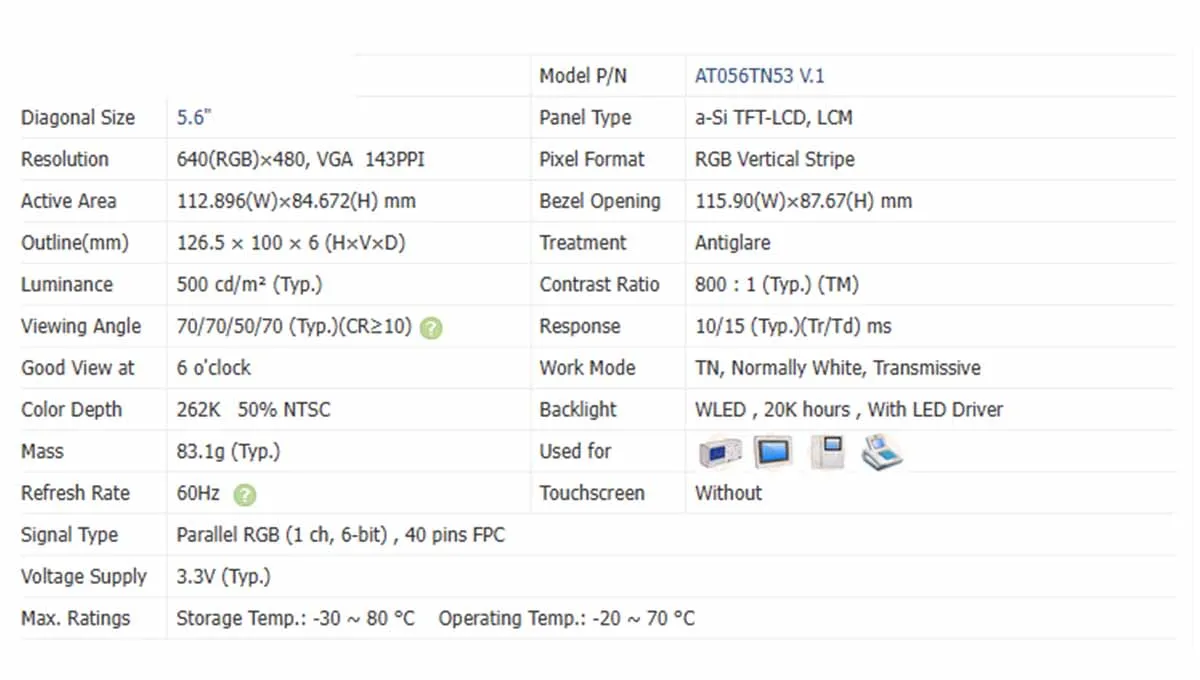 100% Tested AT056TN53 V1 5.6 inch LCD Display Panel 640*480 RGB 40pins TFT Display Module